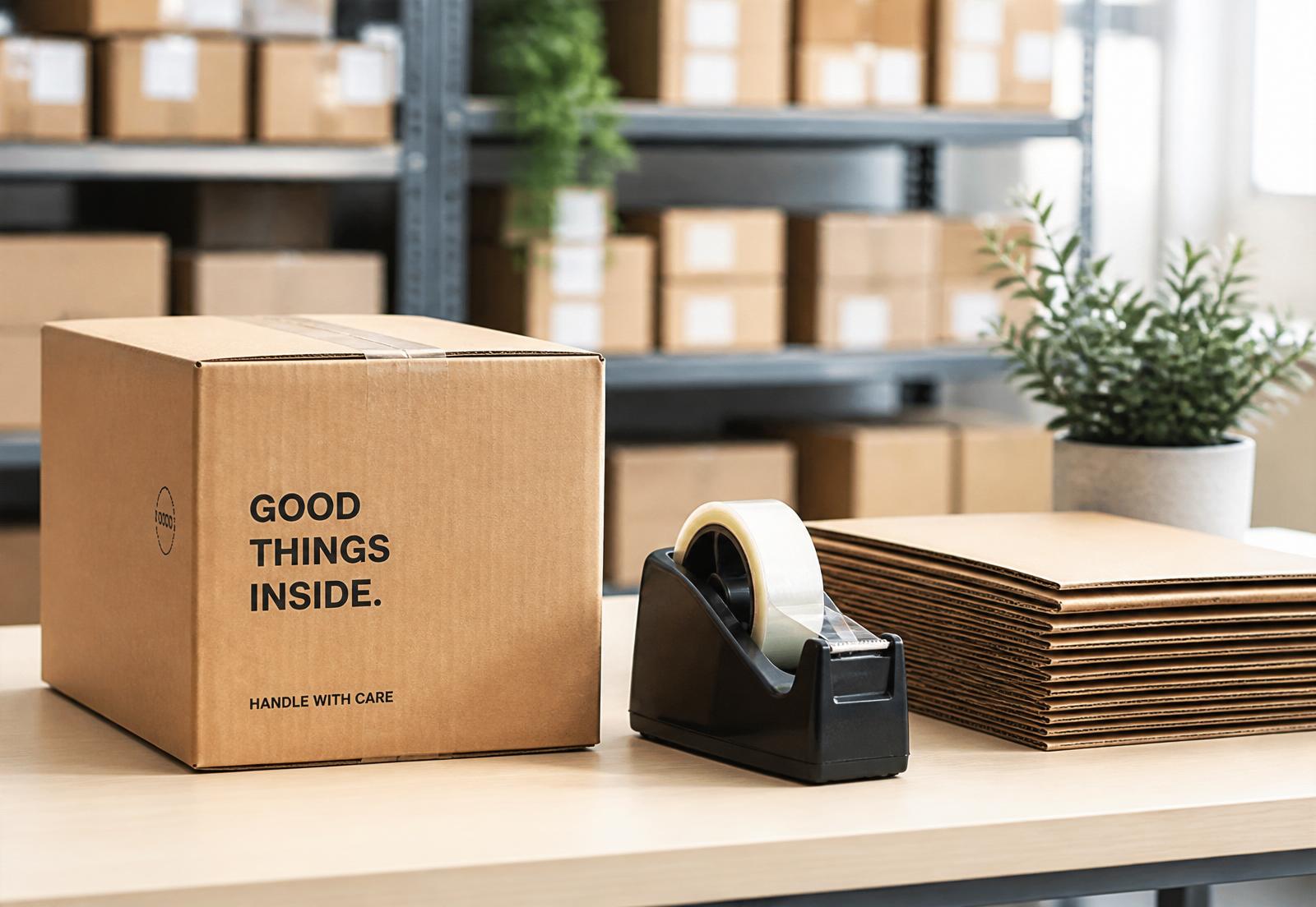 Branded kraft shipping box and packing supplies on a dispatch bench