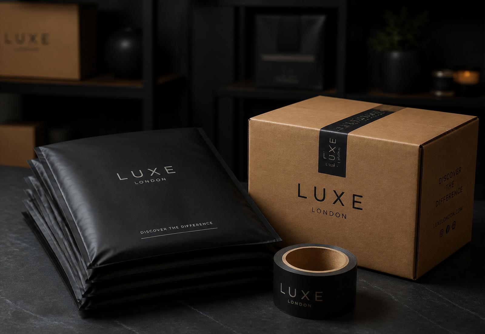 Premium branded mailing bags, shipping box and packing tape